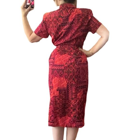 Vintage 90’s Red Abstract Lined Button Up Midi Dress - Picture 3 of 7